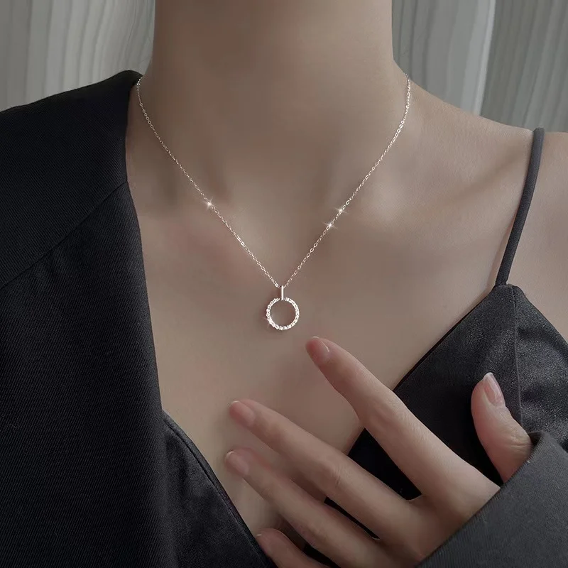 New 925 Sterling Silver Round Necklace Zircon Geometric Pendant Chanis Sparkling Choker Party Favor Women Fashion Jewelry