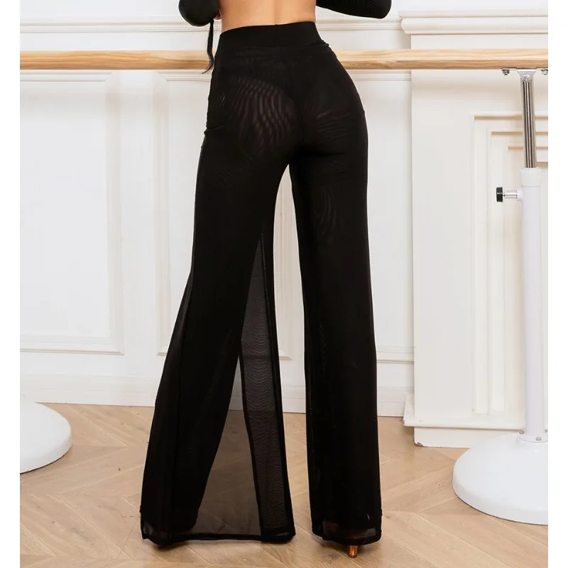 أسود اللاتينية الرقص السراويل النساء عالية الخصر 2-layer شبكة واسعة الساق ليوبارد اللاتينية ممارسة السراويل قاعة الرقص الملبس #4