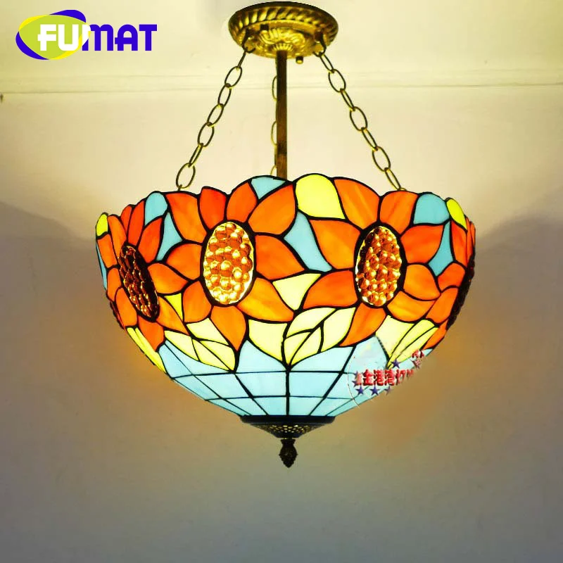 FUMAT Tiffany style stained glass European vintage sunflower Pendant lamp for dining room bedroom hallway balcony LED decor