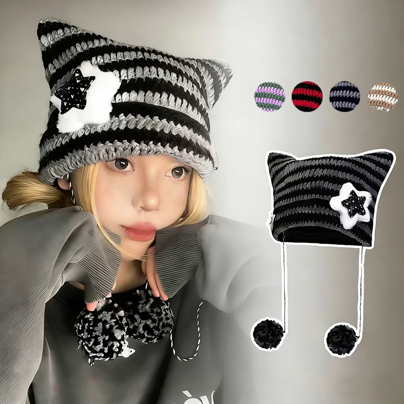 Cute Cat Ears Beanie Hat Winter Striped Korean Y2K Punk Gothic Wool Knitted Streetwear Crochet Bucket Cap
