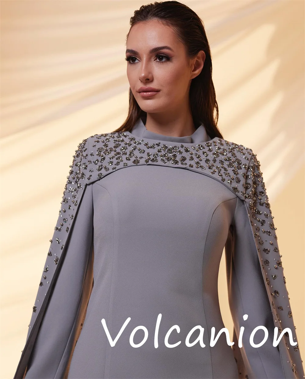 Customized Matching Retro Jersey Sequined A-line High Collar Midi Dresses Bespoke Occasion Pastrol Classic