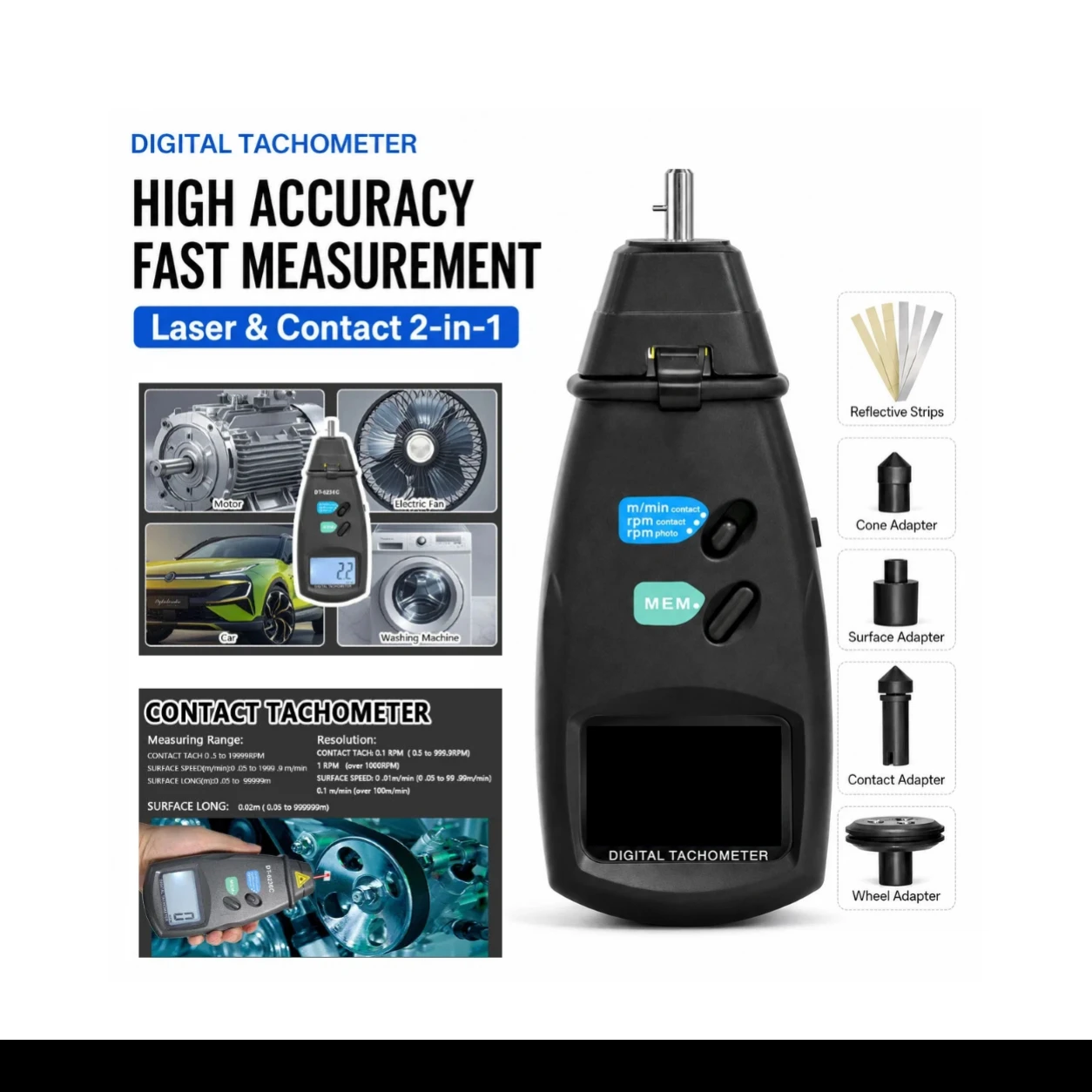 Laser Photo Tachometer RPM Meter 0.5-19999RPM Contact Surface Speed Tester 96 Data Memory for Motor Fan Conveyor