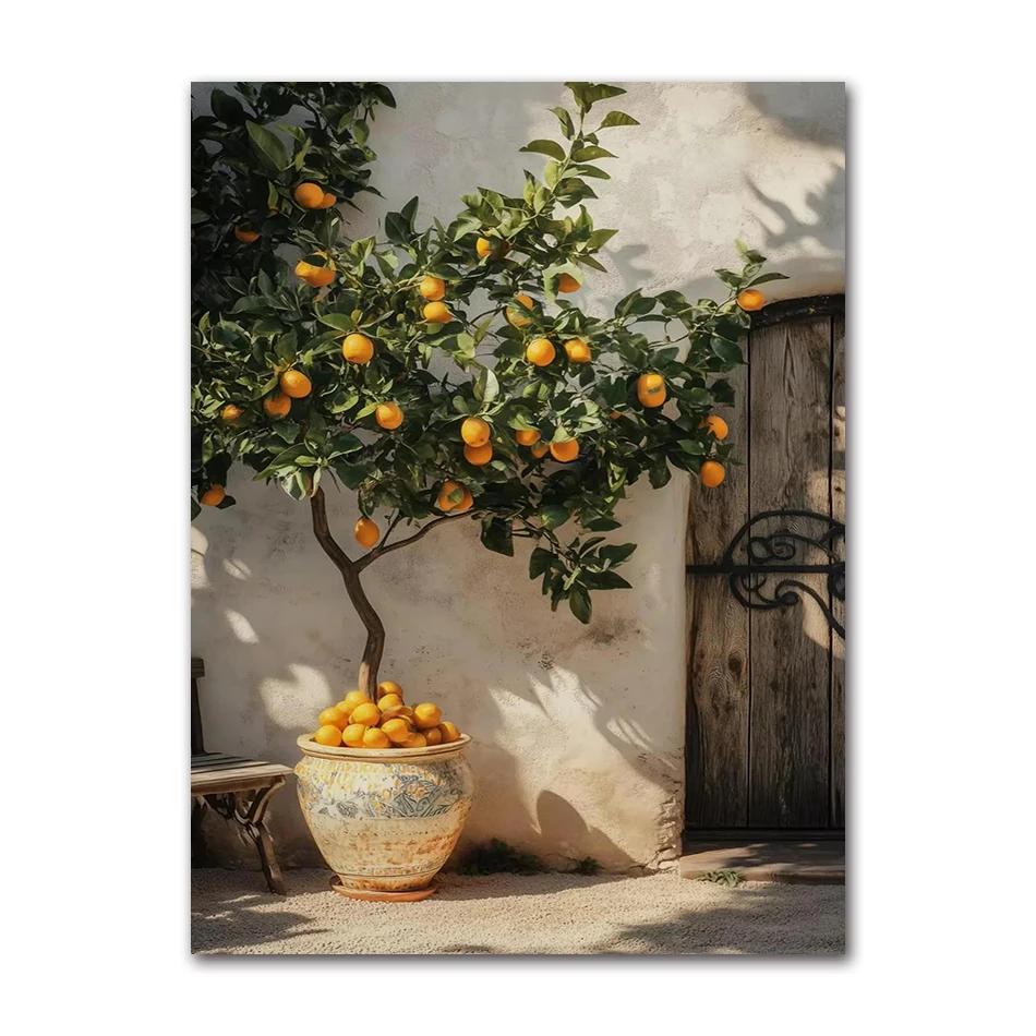 2026 Retro Mediterranean Greece Landscape Poster Canvas Painting Wall Art Pictures Home Decora Italian Lemon Orange Olive Tree