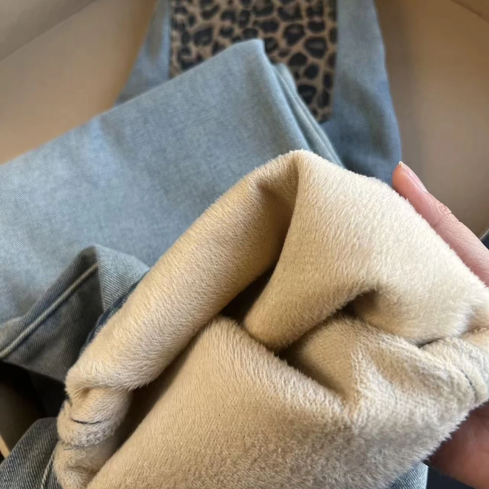 المرأة ليوبارد طباعة التصحيح جيب الجينز الشتاء سميكة الدافئة المخملية أفخم الدنيم السراويل موضة عالية الخصر مستقيم فضفاض بنطلون