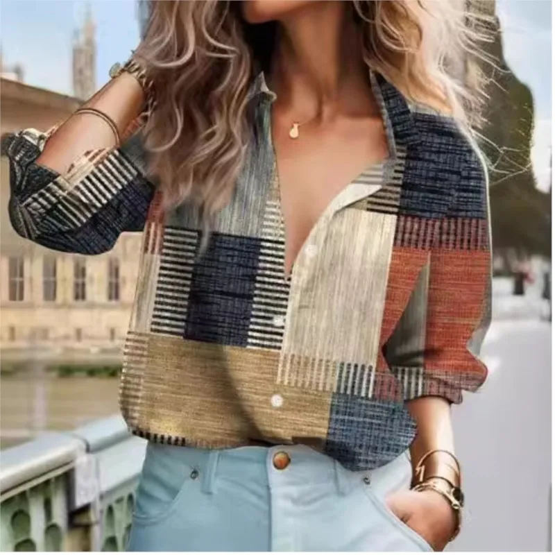 

Fashionable Women's Trendy Long Sleeved Shirt With Patchwork Printed Buttons Lapel Shirt Sleeves Autumn New Casual Ladies blouse