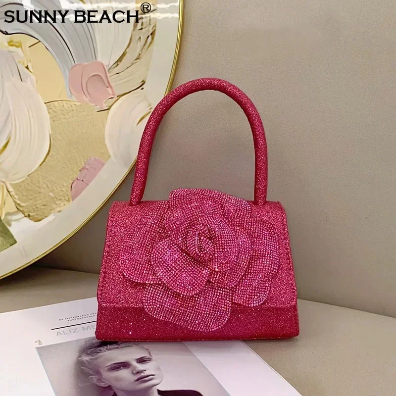 Linlin Fashion Glitter Diamonds Flower Women Casual Rhinestones Luxury Tote Evening Clutch Bag Prom Purse Party Day Purse