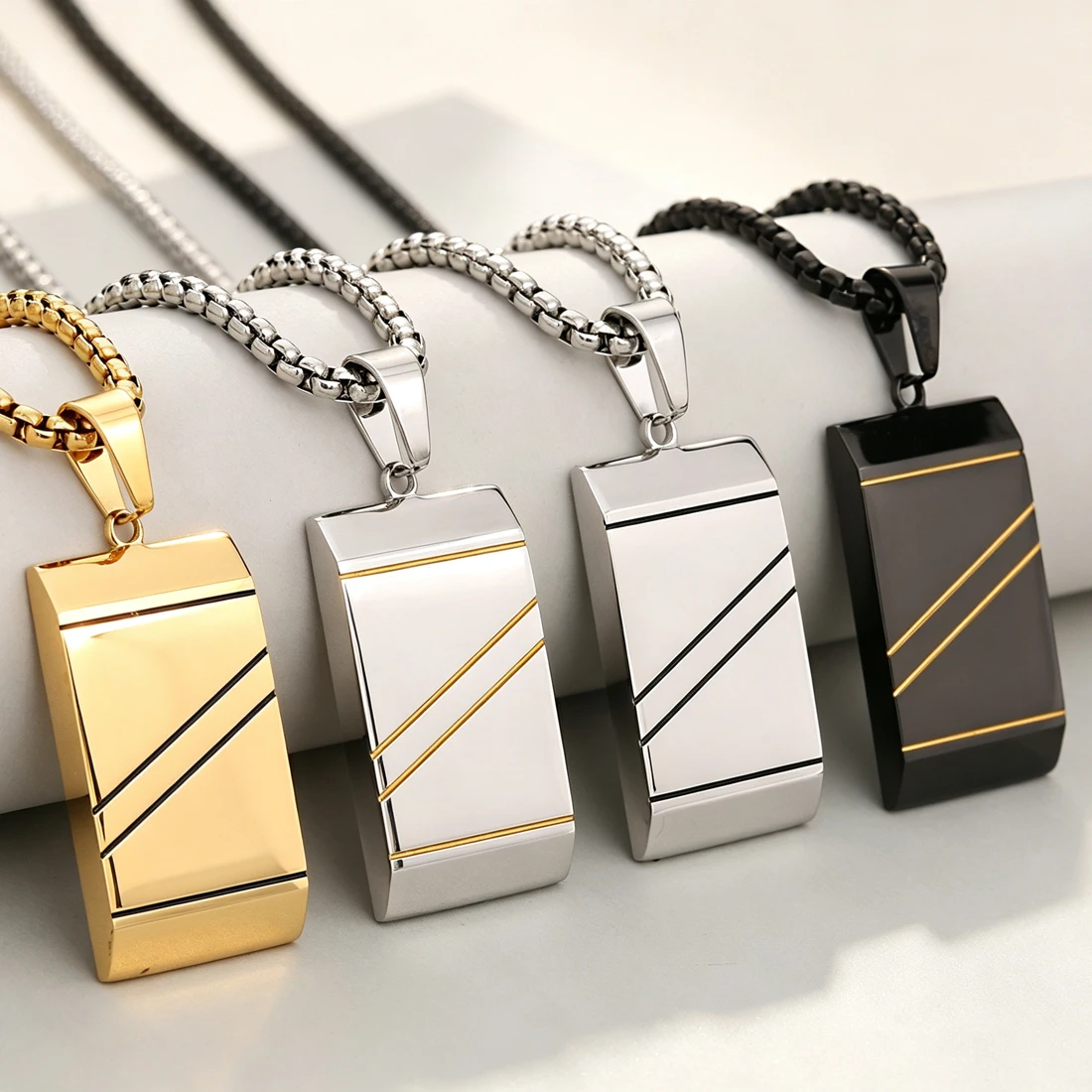 Geometric Diagonal Stripe Dog Tag Pendant Necklace Stainless Steel Rectangle Pendant Fashion Men Street Daily Wear Jewelry Gift