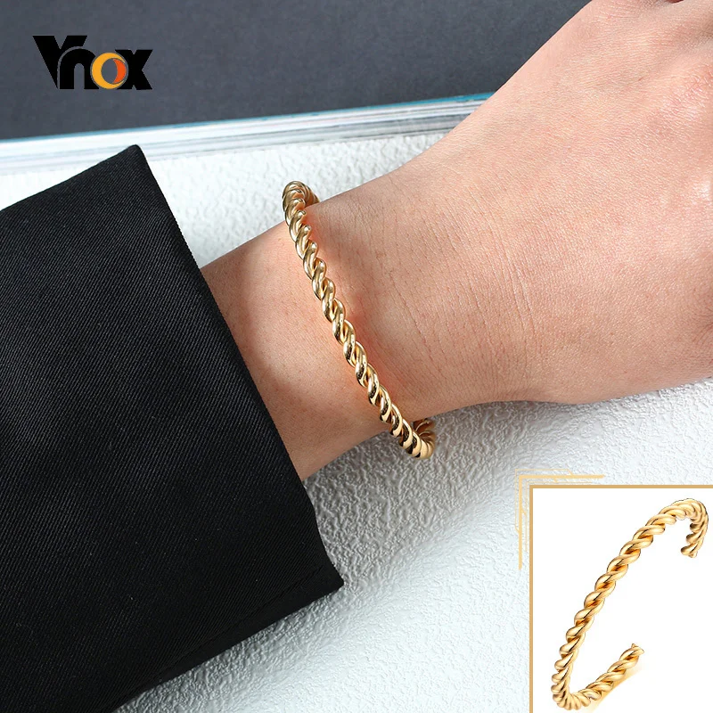 Vnox Minimalist Twisted Bracelets for Women Gold Color Stainless Steel Metal C Shaped Cuff Bangle Gifts for Her Jewelry