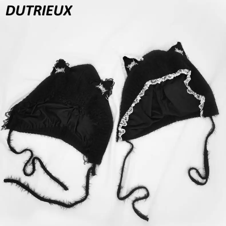 Winter New Japanese Sweet Cute Letter Cat Ears Bomber Cap Versatile Black Lace Splicing Lace-Up Outdoor Warm Hat for Women