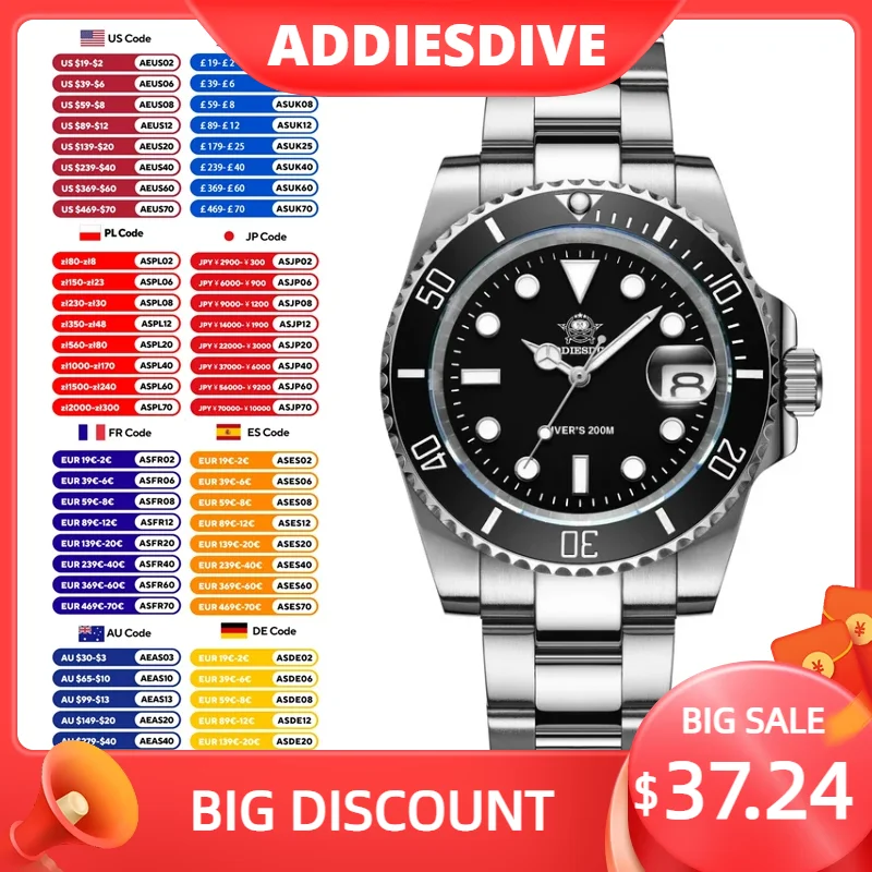 ADDIESDIVE Business Men's Quartz Watch Stainless Steel 200M Diving Waterproof Watches Super Luminous Calendar Display Wristwatch