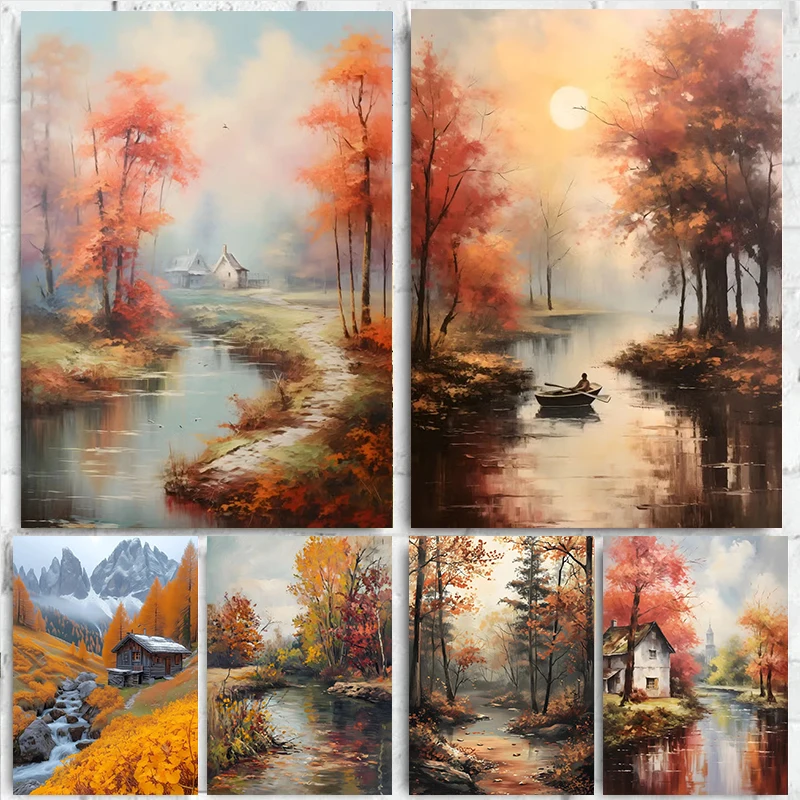 1pc  frameless Canvas Painting Abstract Autumn Fall Landscapes Art Posters Forest The River Prints Canvas Painting Wall Art Pict