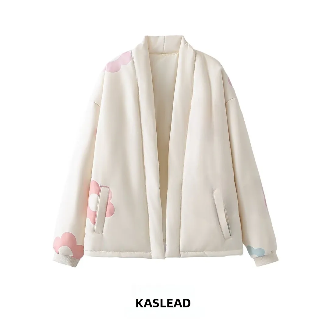 

KASLEAD New Women's Faion Loose Casual ort Jaet Cotton Coat Street Sle Long Sve Plant Floral Polyester Fiber