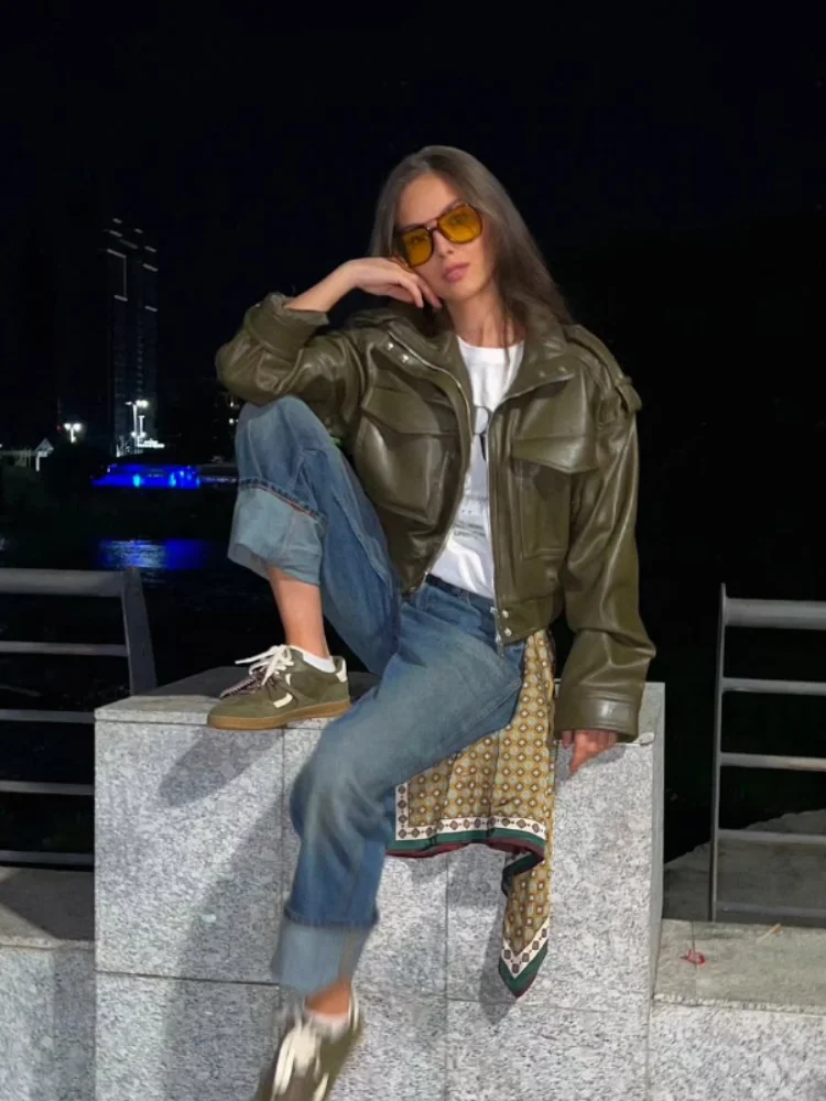 Jaqueta de Couro Cropped Casual com Lapela para Mulheres, Elegante, Manga Longa, com Zíper e Bolso, Jaquetas Curtas 2026, Moda Diária de Rua para Mulheres