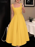 ZANZEA-vestido sin mangas para mujer, vestidos Vintage lisos acampanados, bata de cintura para vacaciones de verano 2023, bata Midi informal con cuello cuadrado