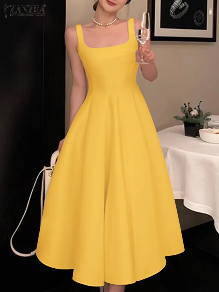 ZANZEA Damska sukienka bez rękawów Vintage Solid A-line Dresses 2024 Summer Holiday Waisted Robe Casual Square Collar Midi Robe