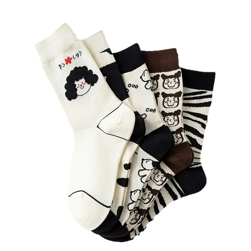 5 أزواج من الجوارب النسائية المخططة للخريف/الشتاء - كارتون، متعدد الاستخدامات، كاجوال، بدون خياطة