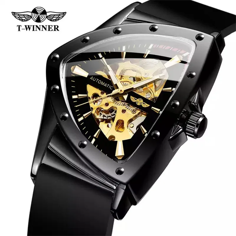 Spedizione gratuita OUTLETSNuovo vincitore Orologio meccanico automatico a triangolo cavo casual da uomo in stile europeo americano