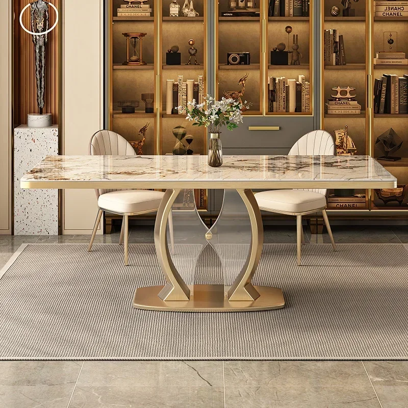 Premium Rock slab dining table and chair combination titanium stainless steel chassis bright  light luxury