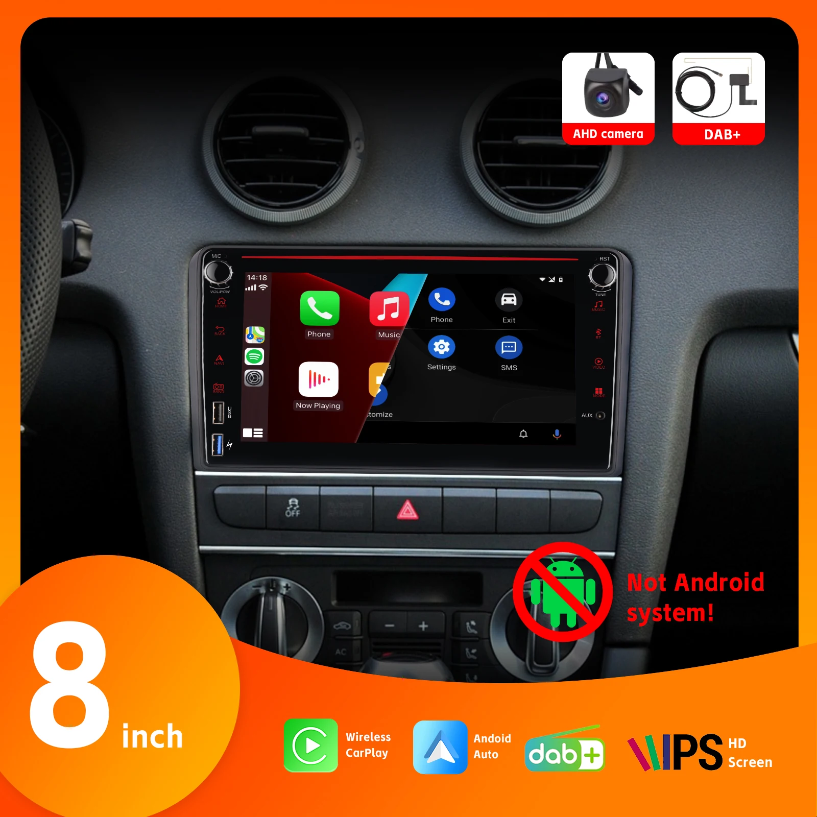 

8" HD IPS Touch Screen Car Radio Wireless Carplay Android Auto SWC BT DAB+ AHD Rear View Camera for Audi A3 S3 RS3 2003-2012