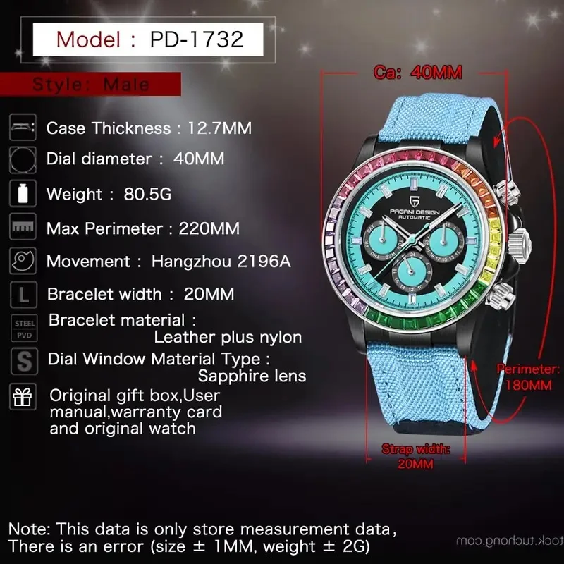 PAGANI DESIGN 1732 Luxury Men Mechanical Watch Multi Functional Timing Rainbow Bezel Sapphire Glass Watche for Man Pagani Design