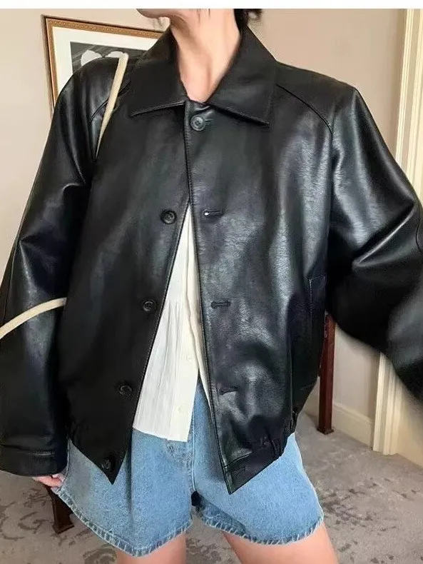 ゆったりとした女性用ブラレザージャケット、カジュアルなスプリング2025、ノースアイランドウールコート、ヴィンテージPUジャケット、通勤用防風