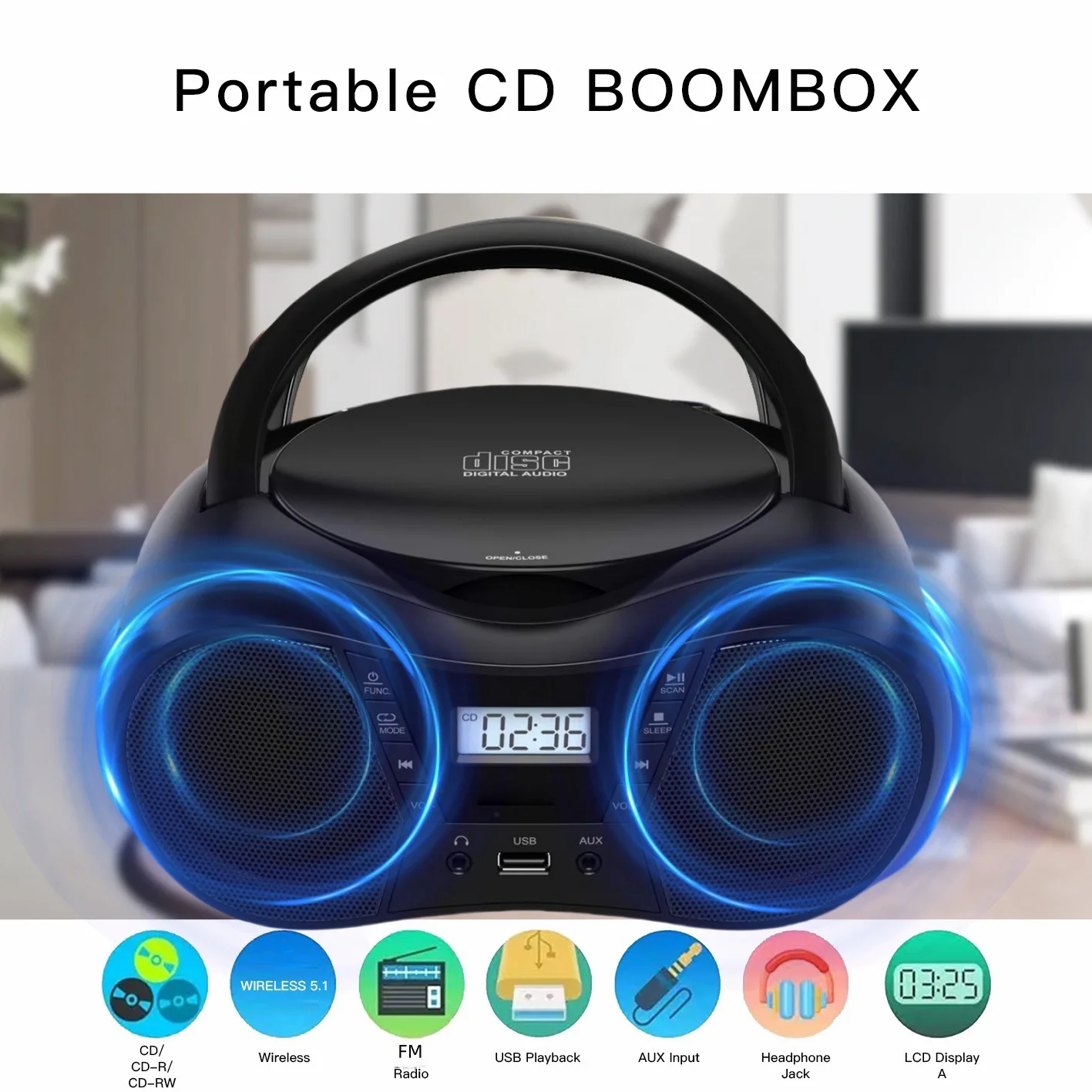 

Portable Multifunctional Wireless Speaker Stereo BT Receiver USB Player Dual Speakers CD Player FM Radio for Study Home Outdoor