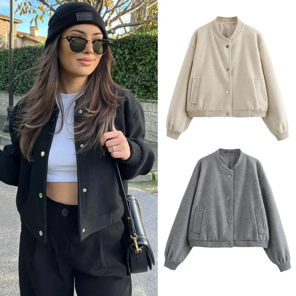 

KIDCRKJ Autumn Women's Woolen Jacket Stand Single Breasted Long Sleeve Bomber Coat For Female Hot-Selling Soft Lady's Outwear