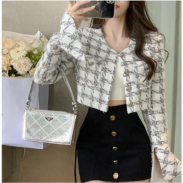 

Korean Two Piece Set Skirt Coat Chic Long Sleeve Crop Jacket For Women Tweed Plaid Single Breasted Outwear Top Lady Elegant