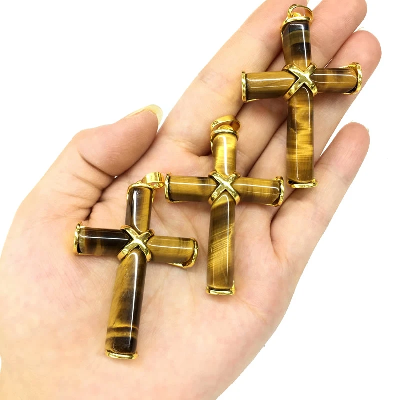 حجر طبيعي الصليب قلادة قلادة للرجال والنساء ، Bozwana جمشت عين النمر العقيق الصليب المعدني ، طرد الأرواح تعويذة لتقوم بها بنفسك مجوهرات