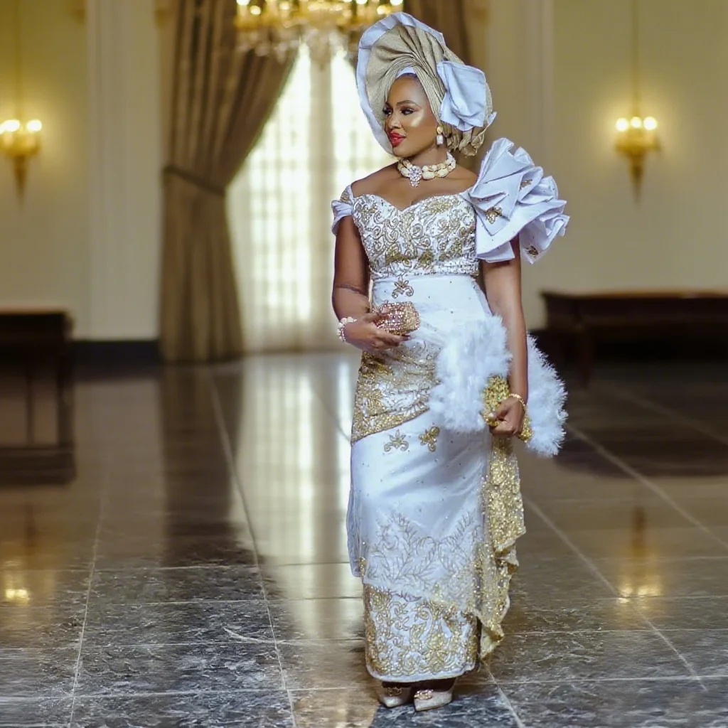 高級アフリカナイジェリアホワイトブライダルドレスゴールドビーズレースヴィンテージアップリケ Vestido De Noival カスタマイズ