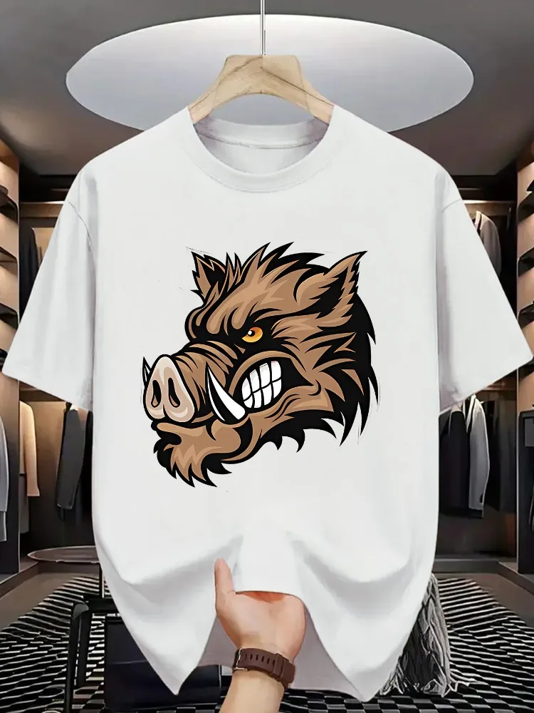 Mens Crew Neck Tee Tough Wild Boar Beast Head Graphic Print Light Cotton Oversized Outdoor Street Daily Short Sleeve Casual Top