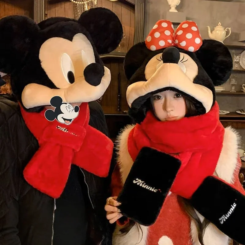 

Mickey Minnie Nick Hat Scarf and Gloves All in One Winter Keep Warm Thicken New Style Couple Birthday Gift Cute Creativity Niche