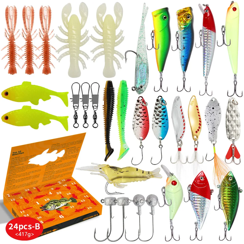 

Luya Bait Set 24 Pieces Gift Soft Bait Glitter Accessories Bait Set Upturned Mouth Fishing Gear Gift Box
