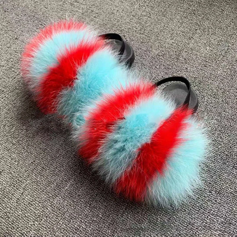 2024 Summer New Fox Hair Slippers Real Hair Girls Sandals With Real Raccoon Hair Slippers Fashion Sandals Girl Shoes