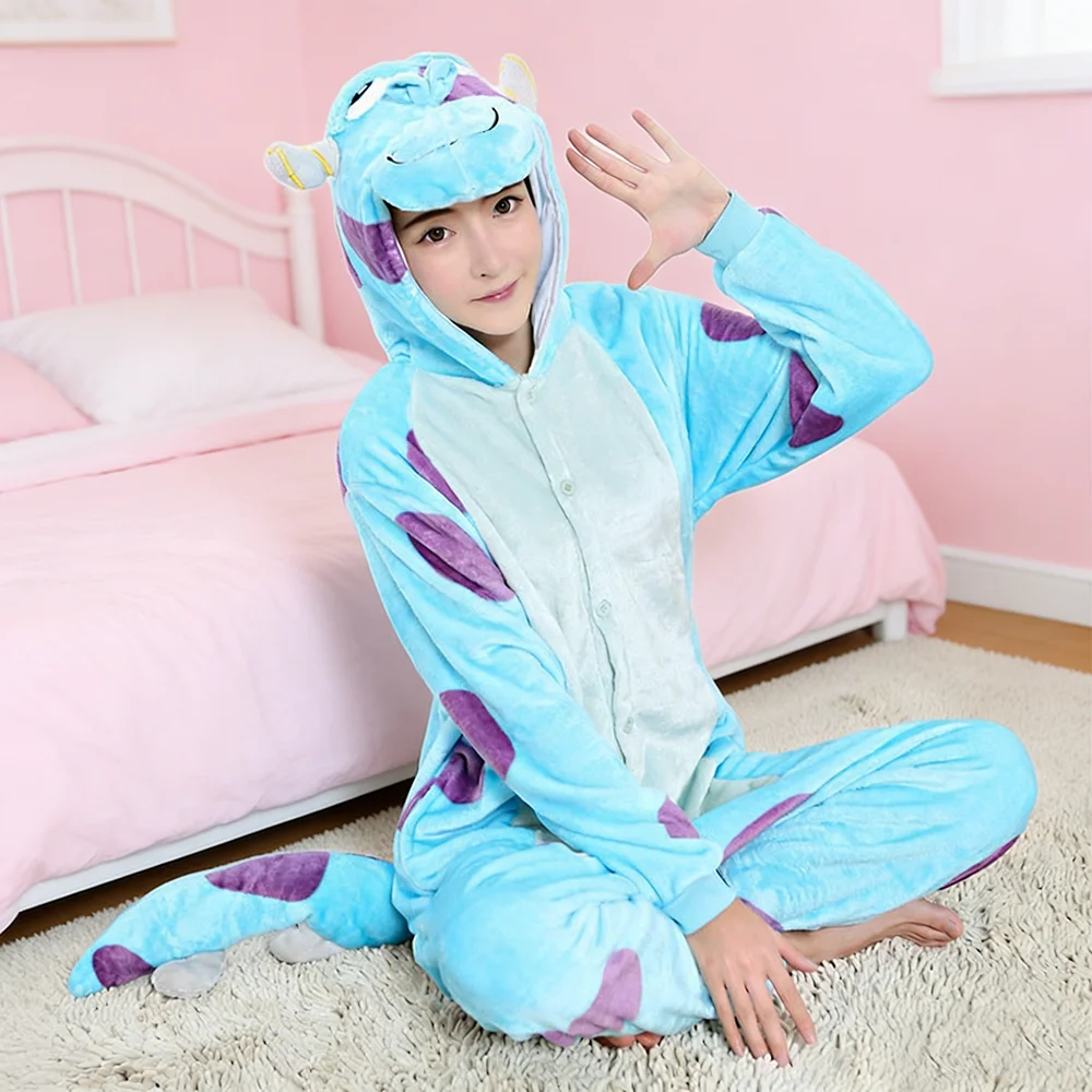 

Anime Coral Fleece Pajamas Cartoon Jumpsuit Blue Bull Onesie Sleepwear Adult Home Clothes Halloween Animal Plush Cosplay Costume