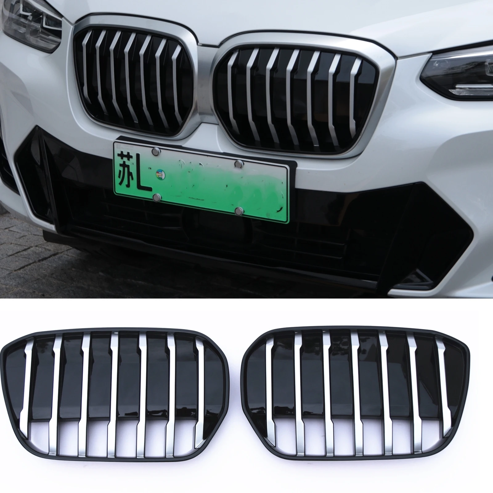 

2pcs Front Kidney Grille For BMW IX3 2022 2023 Silver/Black Upper Bumper Hood Mesh Air Vent Radiator Cover Grid Kit Racing Grill