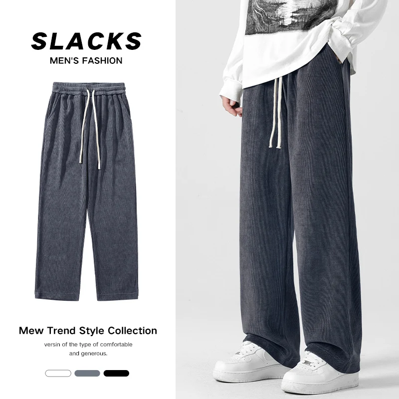 

Winter Men's Corduroy Pants Thick Drawstring Elastic Waist Jogging Work INS Y2K Grey Casual Korea Beige Outdoor Trousers Male