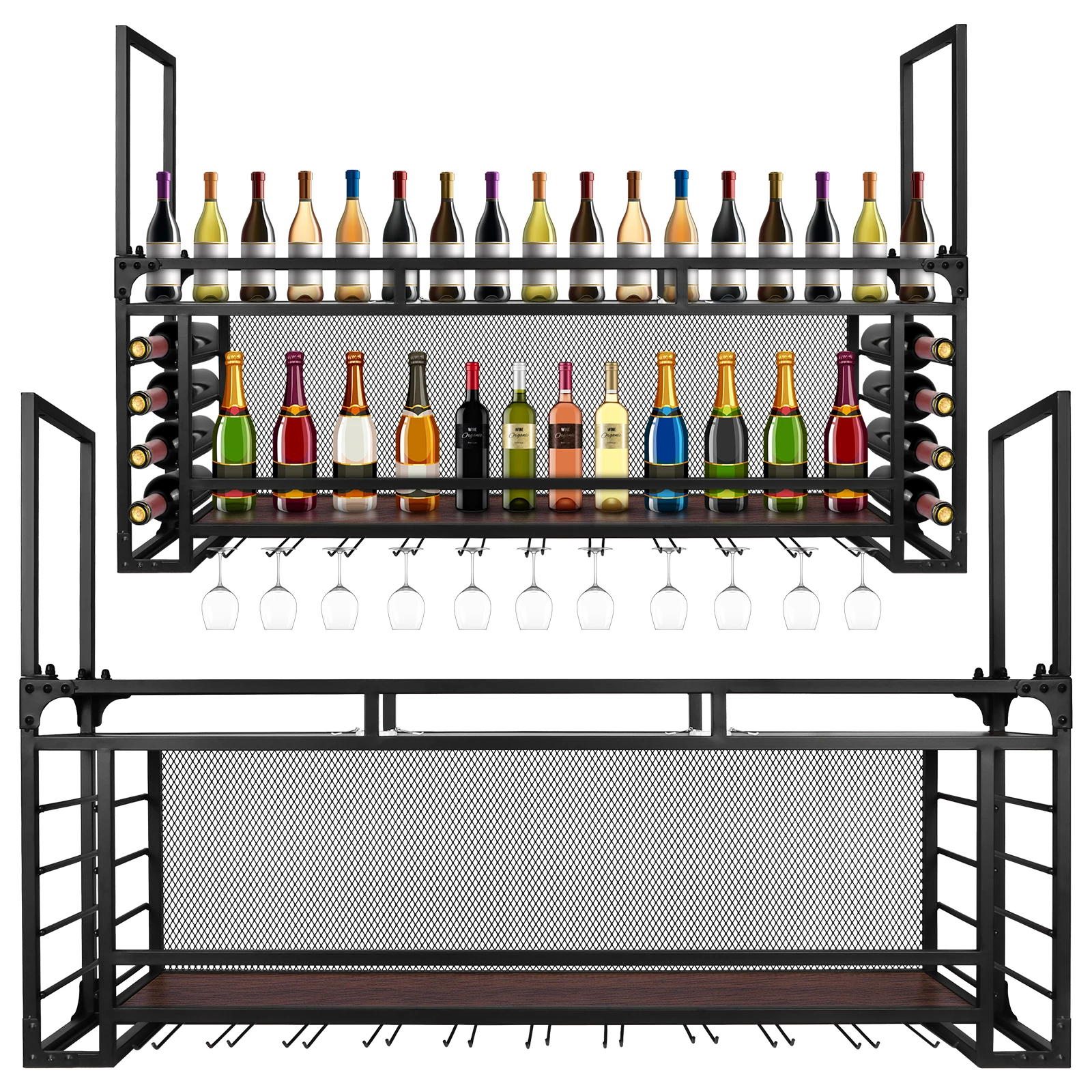 

Wall Mounted 2 Tier Wine Rack Simple Type With Light 59.06x21.65x11.81inch For Bar Restaurant Indoor for Kitchen Dining Room Bar