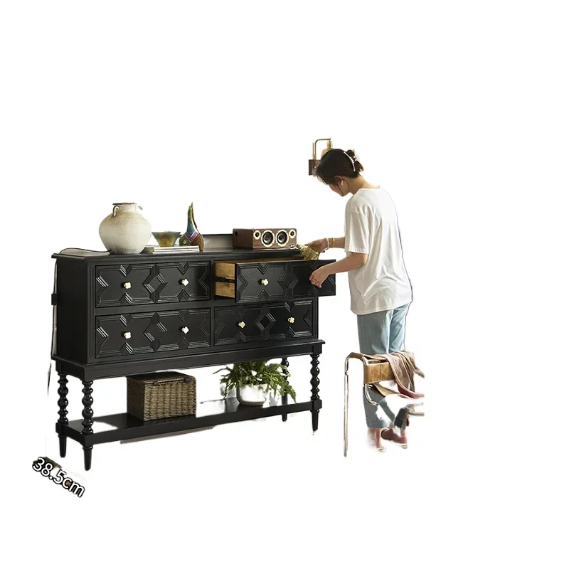 

French black solid wood porch cabinet retro living room aisle medieval chest cabinet