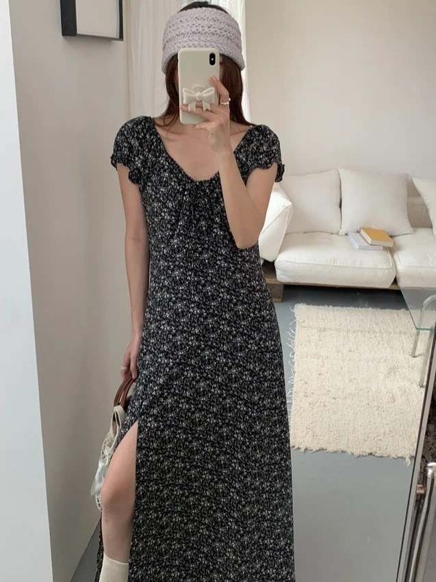 

Летнее платье с цветочным принтом в стиле ретро, женская корейская длинная юбка с разрезом по бокам, длинная юбка Tea Break Commute ort Sve, миди стандартного кроя Dr