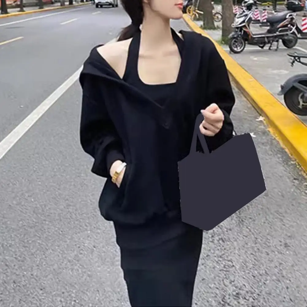 Women Hoodie Dress Set V Neck Hooded Long Sleeve Loose Top Solid Color Sleeveless Halter Neck Maxi Dress Top Set Long Dress Suit