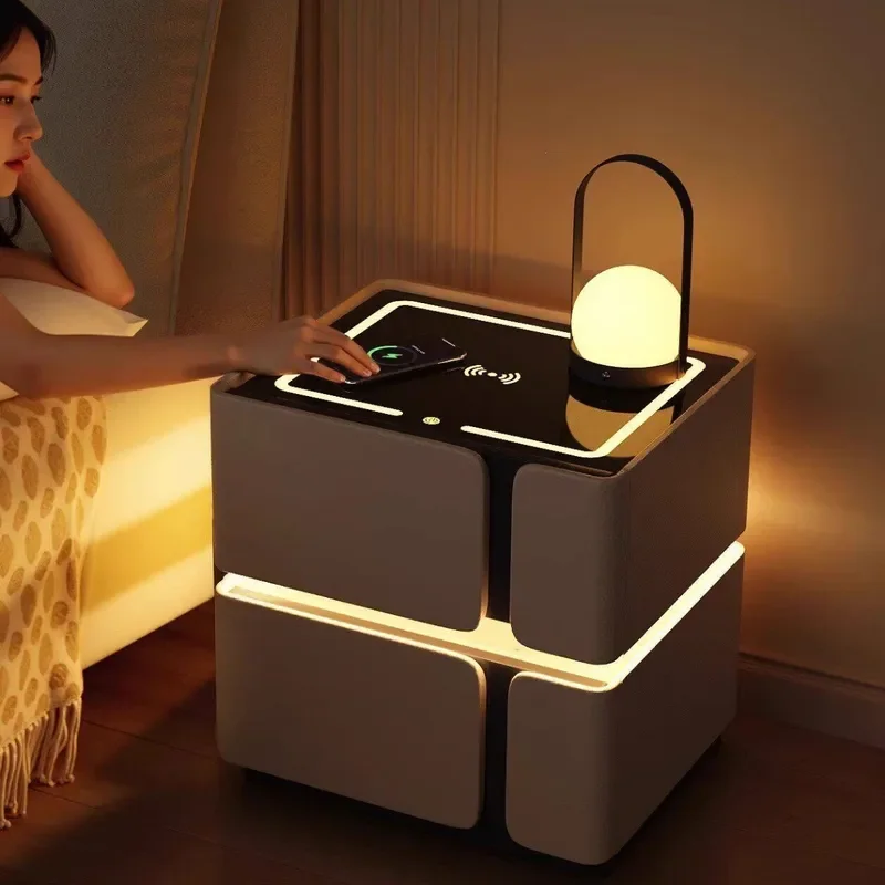 Smart Bedside Table Solid Wood Small Bedroom Nightstand 2026 New Light Luxury High End Cabinet for Home