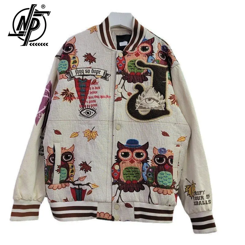 

Women Men's Baseball Jacket Heavy Industry Owl Letter Embroidery Bomber Jackets Loose Coat Unisex Autumn Motorcycle Outwear