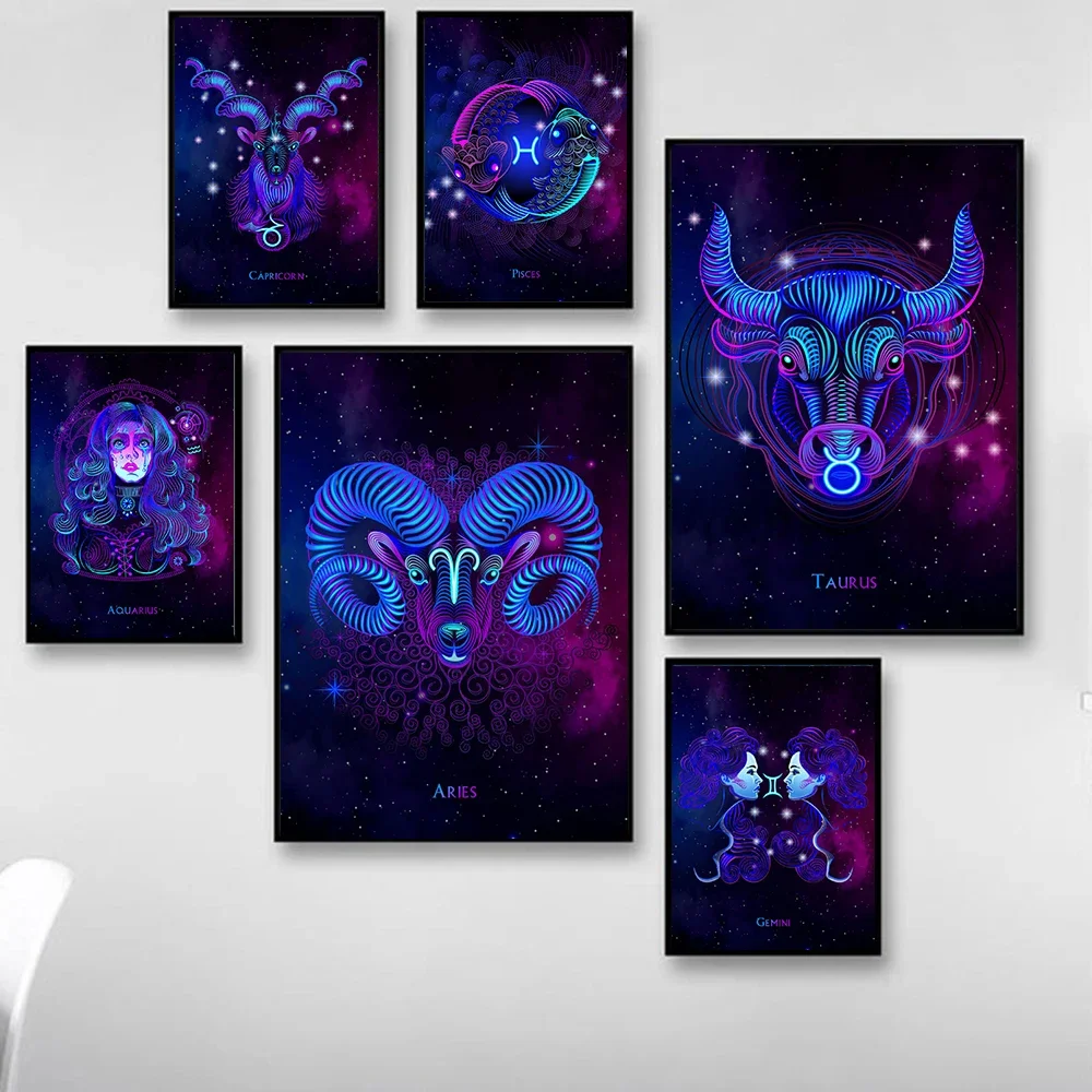 Pósteres del zodiaco de estilo neón, Acuario, APisces, Tauro, Leo, Escorpio, constelación, lienzo, impresiones, imágenes artísticas de pared, decoración del hogar