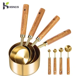 4/8pcs Measuring Spoon Set, Kitchen Accessories,Golden Stainless Steel Measuring Cup with Wooden Handle Coffee Baking Tools