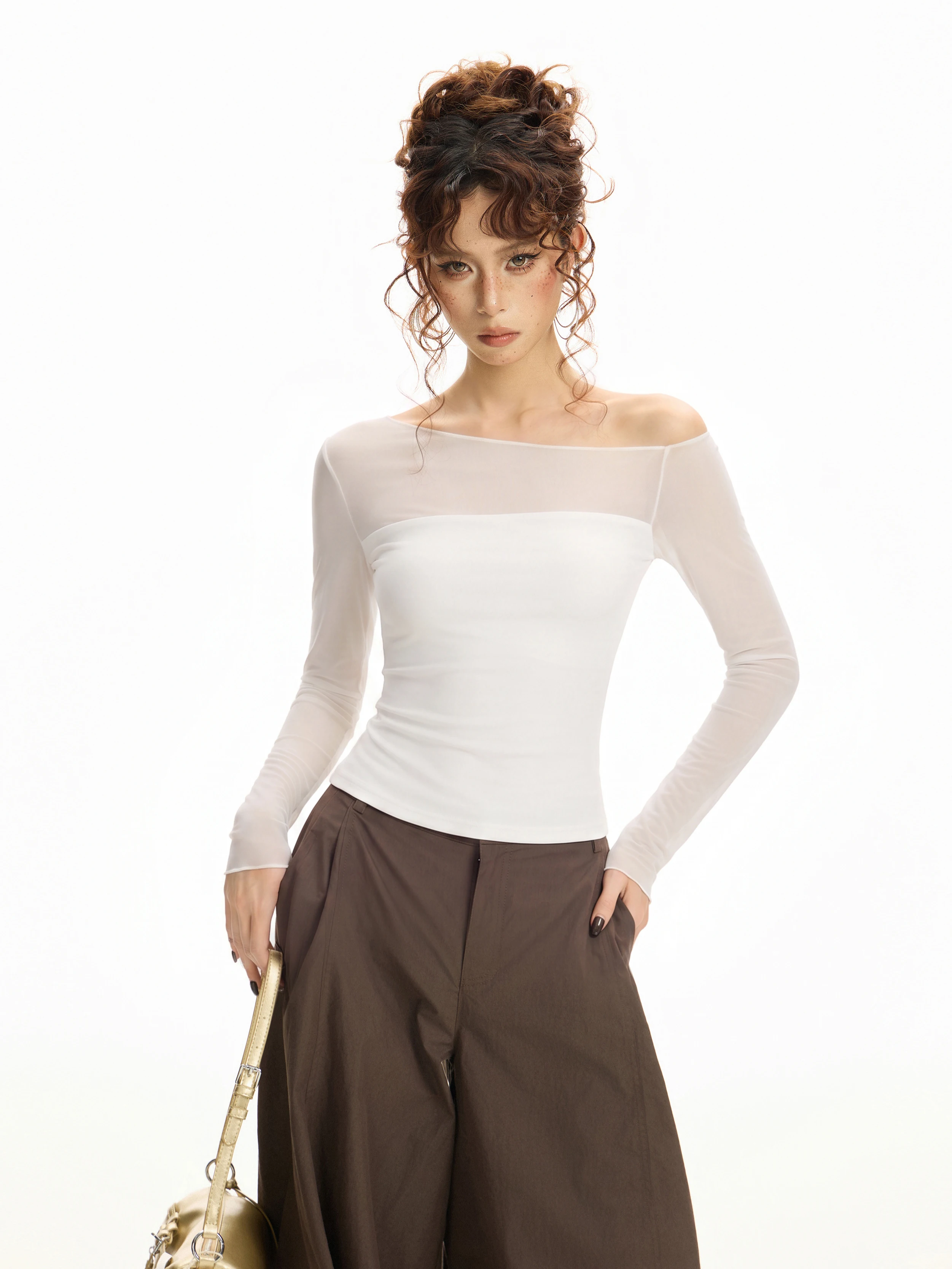 White Fake Two-Piece Shoulder Bared Long Sleeve T-Shirt Women Summer Design Thin Mesh Cover up Slim Short Length Top
