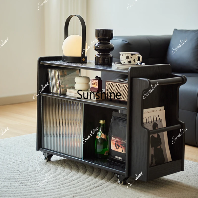 

Solid Wood Rolling End Table Mobile Storage Cabinet with Space-Saving Sofa Side Organizer & Coffee Table Cart for Living Room