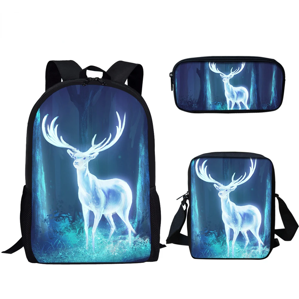 Cool Wild Animal Deer Pattern 3 pcs/Set, mochila con estampado 3D, bolso de hombro para ordenador portátil, estuche para lápices