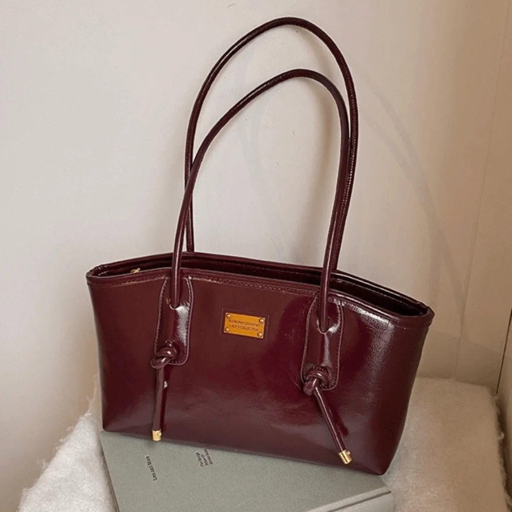 Vintage Large Capacity PU Shoulder Bag Soft Knotted Strap Underarm Handbag Decorative Bell Charm Solid Color Work Tote Women