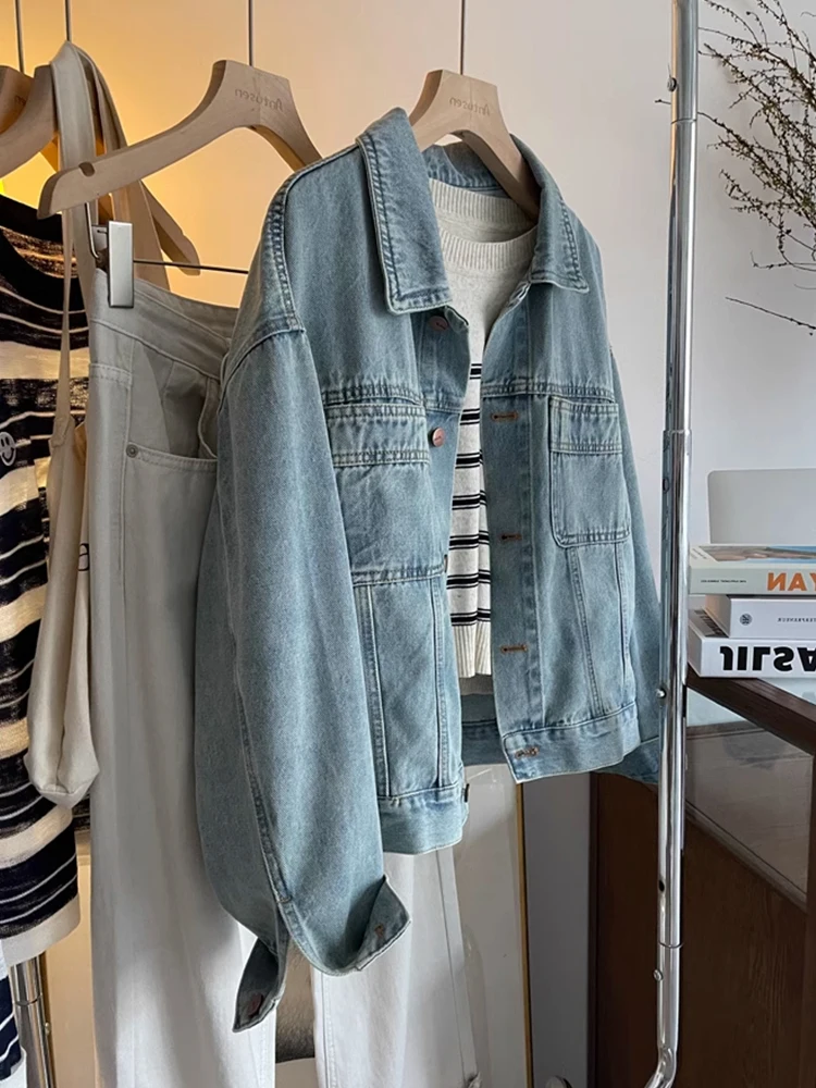 

Ретро джинсовая куртка свободного кроя для женщин, модная, весенне-осенняя, брендовая, синяя, в европейском стиле, для повседневной носки, однотонная